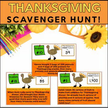 Thanksgiving multi-step word problem scavenger hunt for 3rd grade math centers and November activities.