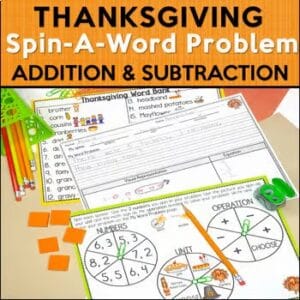 Thanksgiving spin-a-word-problem addition and subtraction activity for 2nd and 3rd grade math centers.