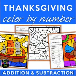 Thanksgiving color-by-number addition and subtraction worksheets within 20 for 1st and 2nd grade.