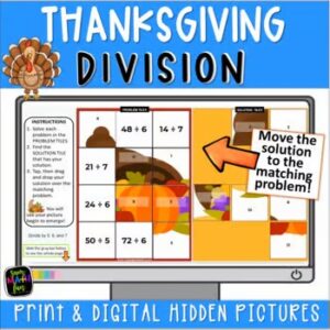 Thanksgiving hidden pictures division facts activities for 3rd grade, print and digital.