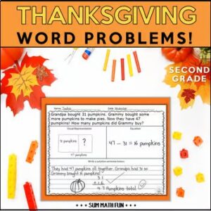 Differentiated Thanksgiving addition and subtraction word problems for 2nd grade.