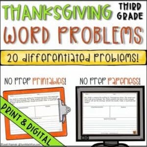 3rd grade Thanksgiving word problems for print and Google Slides for November math lessons.