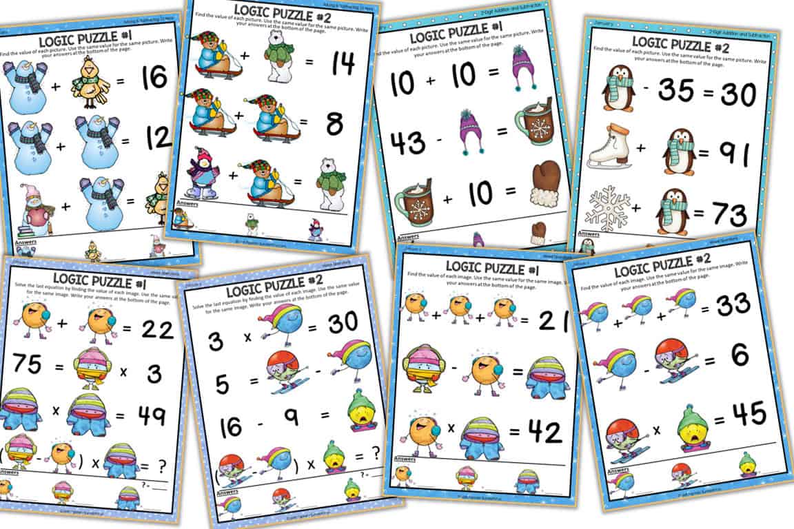 Collage of winter-themed logic puzzle worksheets for grades 1–4 showing snowmen, penguins, birds, and winter gear icons used as picture-value equations and math challenges.