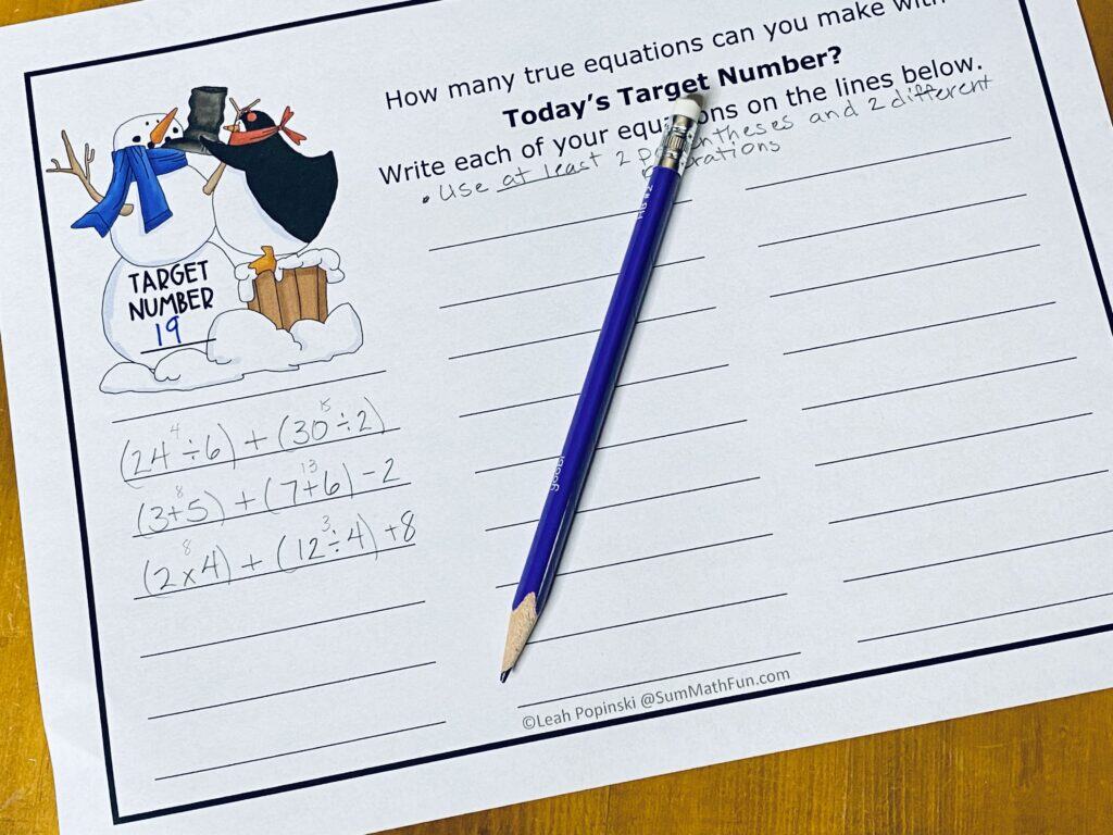 Winter math warm-up page where students write equations for a target number assigned by their teacher.