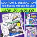Color by number addition and subtraction within 20 worksheets for fact fluency with seasonal math coloring pages