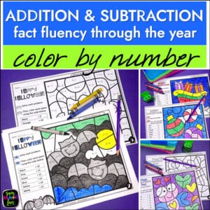 Color by number addition and subtraction within 20 worksheets for fact fluency with seasonal math coloring pages