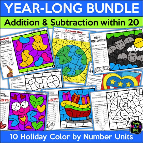 color-by-number-addition-subtraction-within-20-year-long-bundle Year-long color by number addition and subtraction within 20 worksheets for math fact fluency