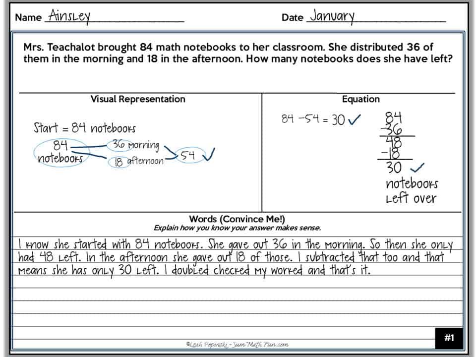 completed 3rd grade word problem organizer showing student solution with visual model equation and written explanation
