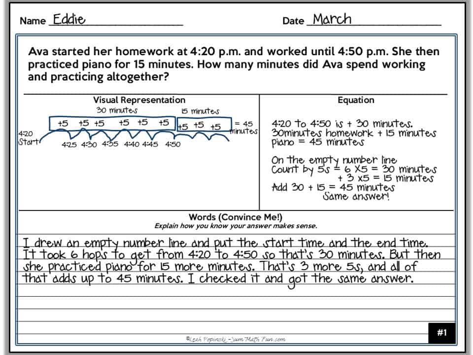 completed 3rd grade time word problem using organizer with number line visual equation and written explanation