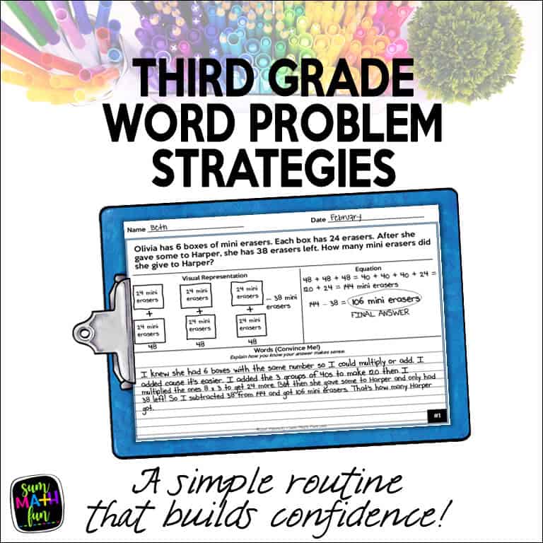 3rd grade word problem strategies using a math organizer with student example