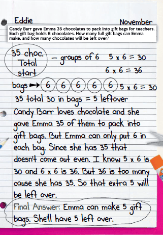 3rd grade student notebook showing division word problem with groups of 6 and leftover chocolates explained step by step