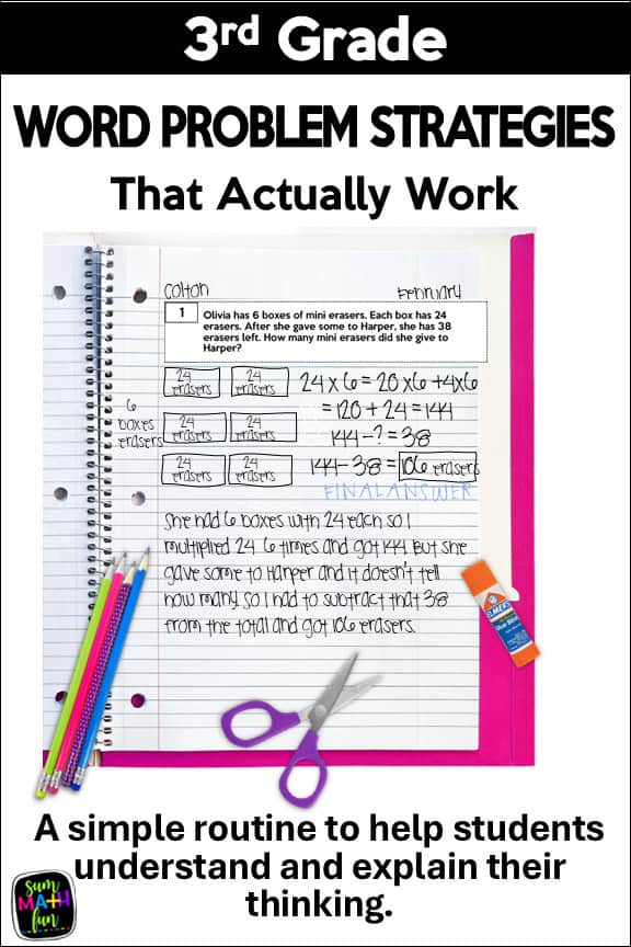3rd Grade Word Problem Strategies That Actually Work 3rd grade word problem strategies pin showing completed student example and routine for math problem solving
