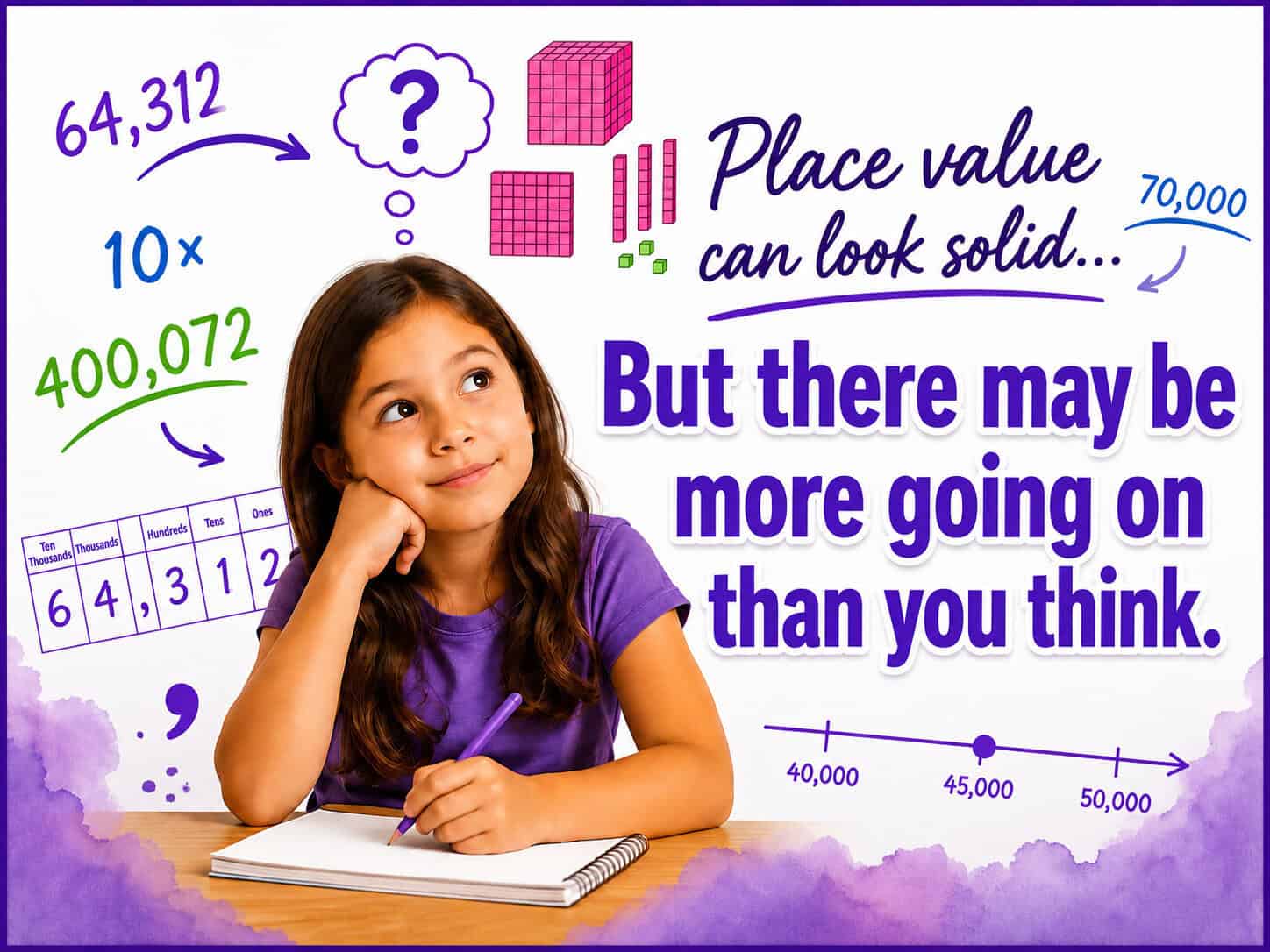 4th grade place value graphic showing a student thinking about numbers and the message that place value can look solid but there may be more going on than you think.