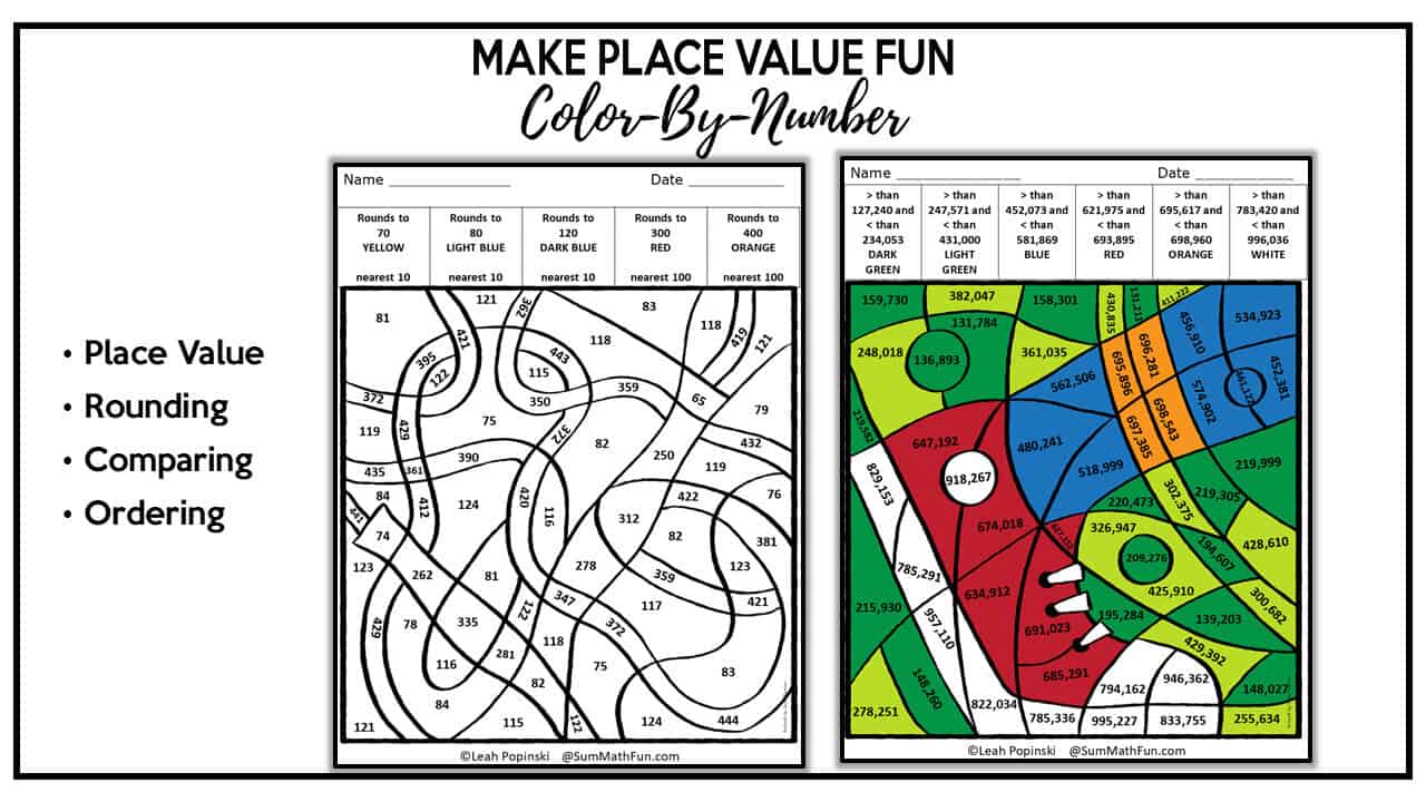 4th grade place value color-by-number practice showing uncolored and completed pages for place value, rounding, comparing, and ordering