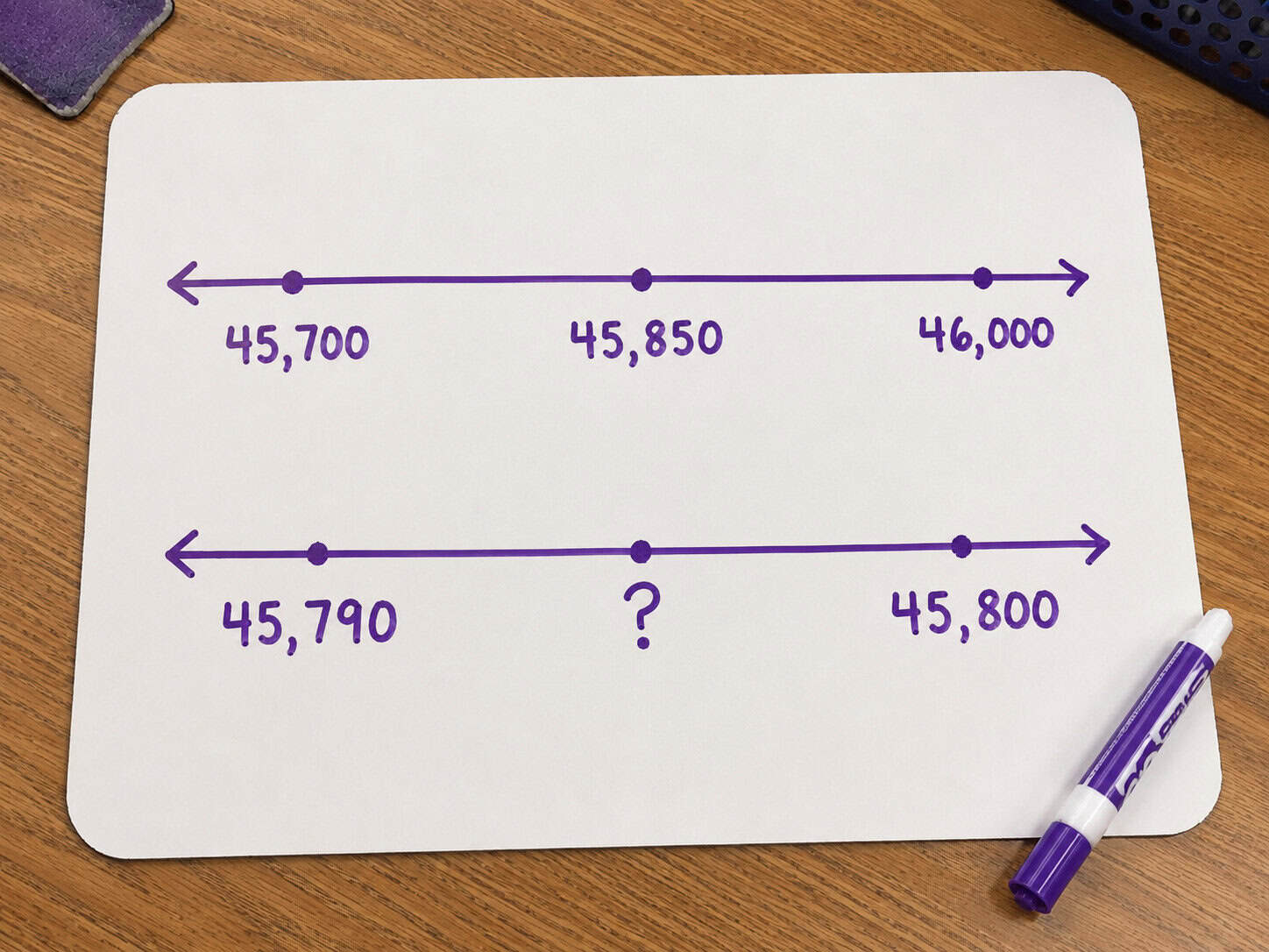 4th grade place value whiteboard showing two number lines with numbers in-between examples: 45,700 to 46,000 and 45,790 to 45,800.